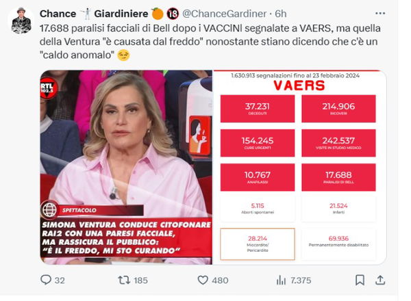 La paralisi di Bell, Simona Ventura e il VAERS