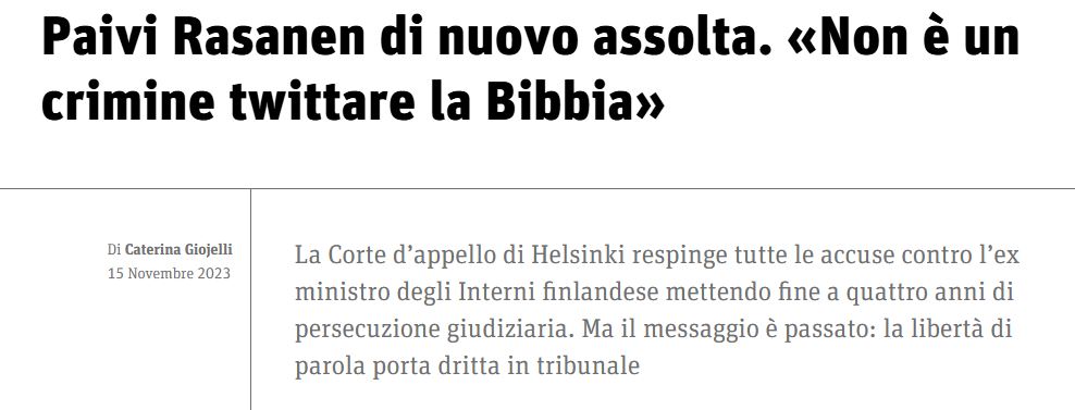 Päivi Räsänen a processo per aver citato la Bibbia article-post
