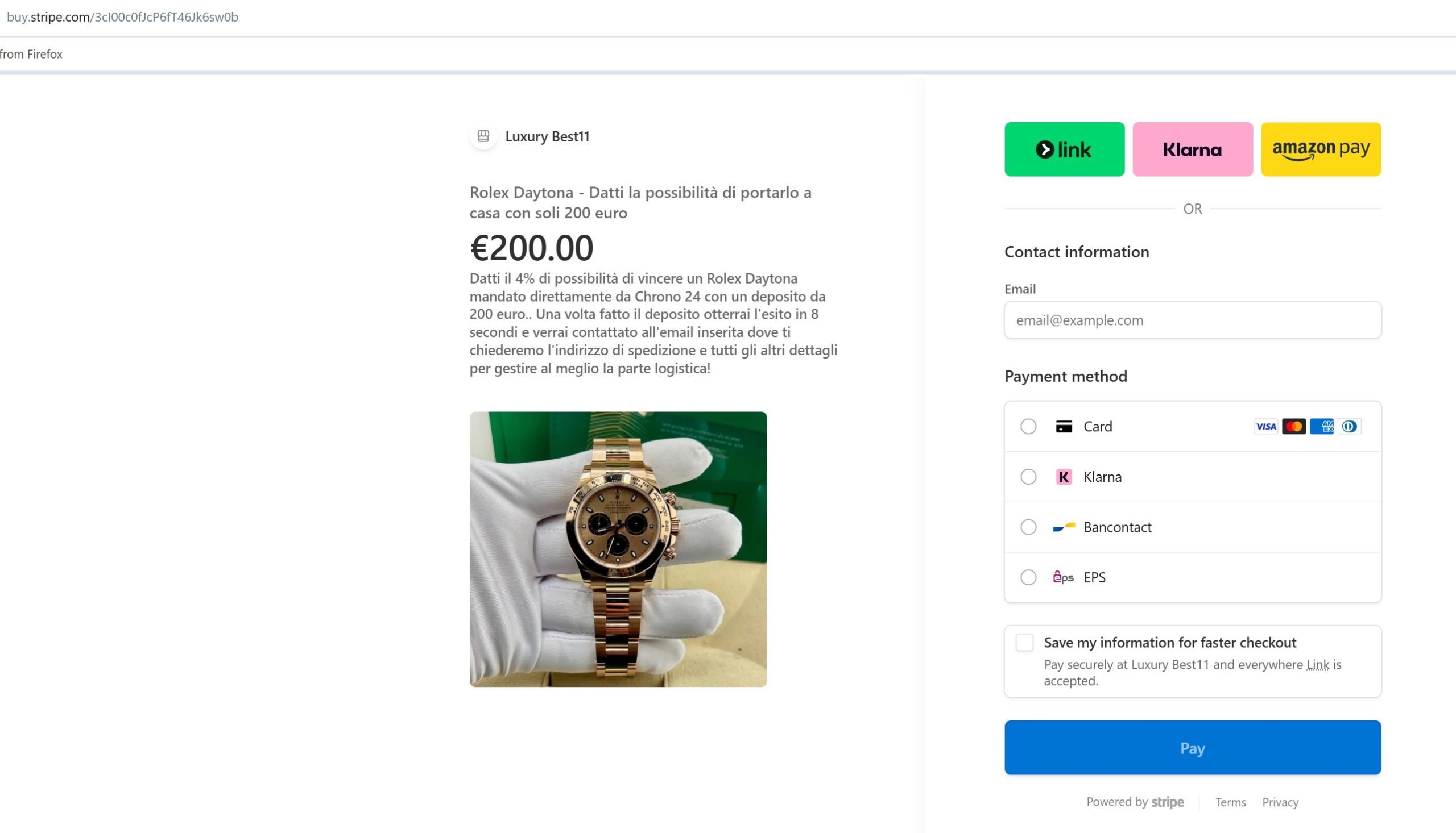 Rolex Daytona - Datti la possibilità di portarlo a casa con soli 200 euro 200,00 € Datti il 4% di possibilità di vincere un Rolex Daytona mandato direttamente da Chrono 24 con un deposito da 200 euro.. Una volta fatto il deposito otterrai l'esito in 8 secondi e verrai contattato all'email inserita dove ti chiederemo l'indirizzo di spedizione e tutti gli altri dettagli per gestire al meglio la parte logistica!