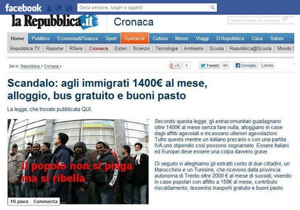 La bufala sui soldi gratis agli immigrati su Repubblica