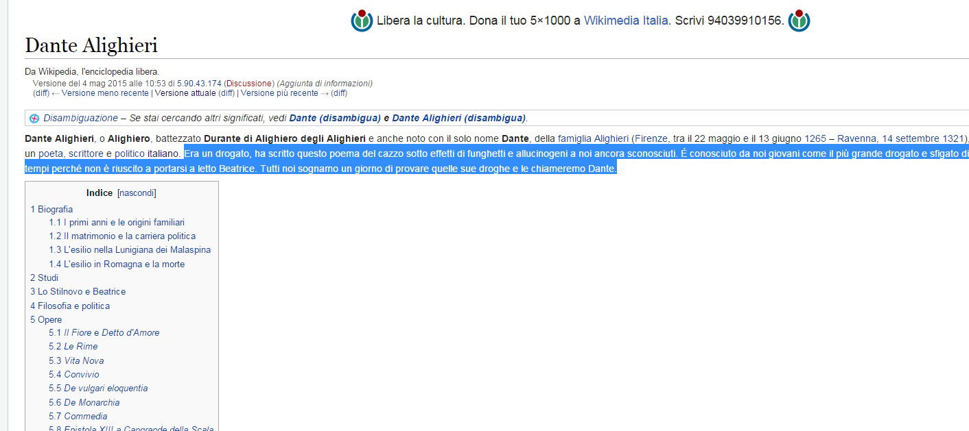 E su Wikipedia Dante diventa un "drogato sfigato" che ha