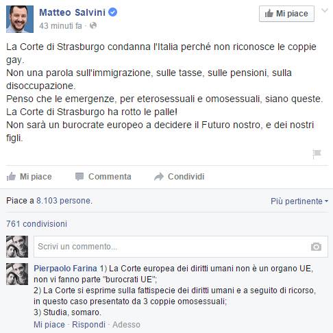 Matteo Salvini e la figuraccia sulla Corte di Strasburgo. «Studia somaro»
