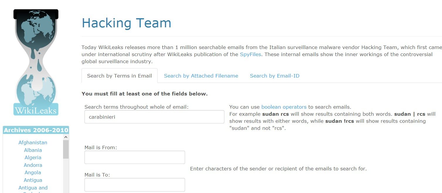 La pagina di Wikilieaks dalla quale s'accede alle mail di Hacking Team...