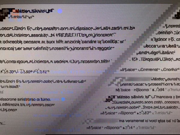 Lo screenshot di Matteo Salvini che confonde Premio Nobel e Premio Oscar è un falso