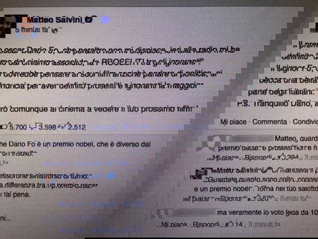 Lo screenshot di Matteo Salvini che confonde Premio Nobel e Premio Oscar è un falso article-post
