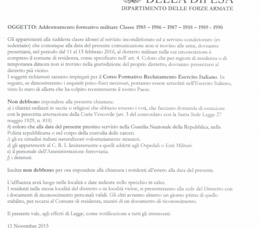 chiamata alle armi lettera ministero