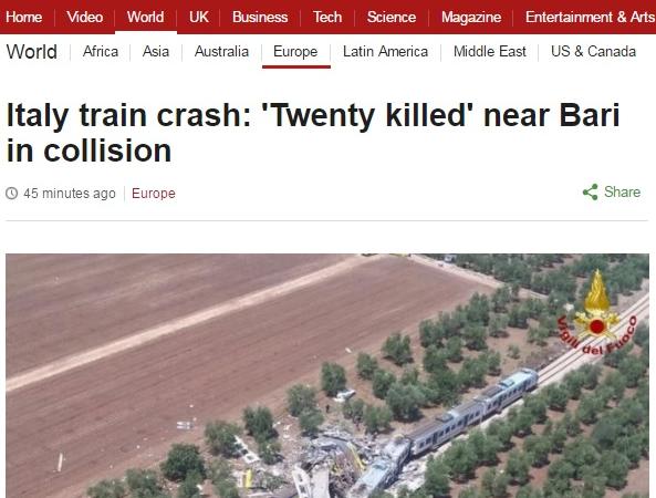 giornali stranieri incidente treni puglia