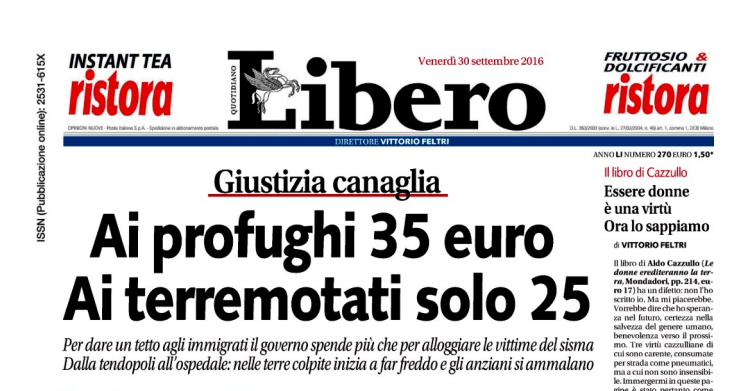 Libero bufala migranti terremotati