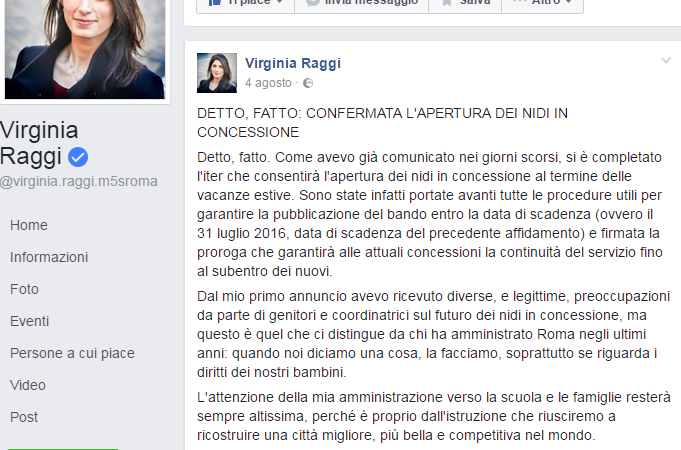 Virginia Raggi asili bando cancellato