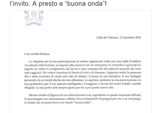 virginia raggi lettera papa