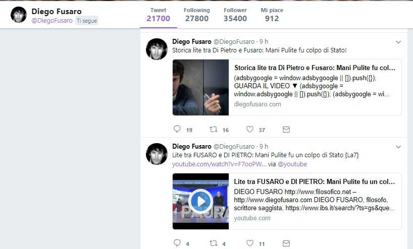 Diego Fusaro parla di se stesso in terza persona sul suo sito e Twitter