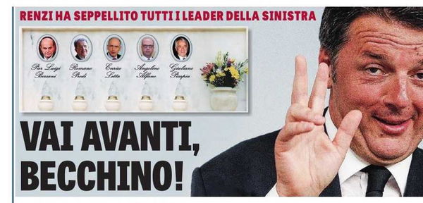 La macabra prima pagina de La Verità con la lapide di Bersani, Prodi, Letta, Alfano e Pisapia