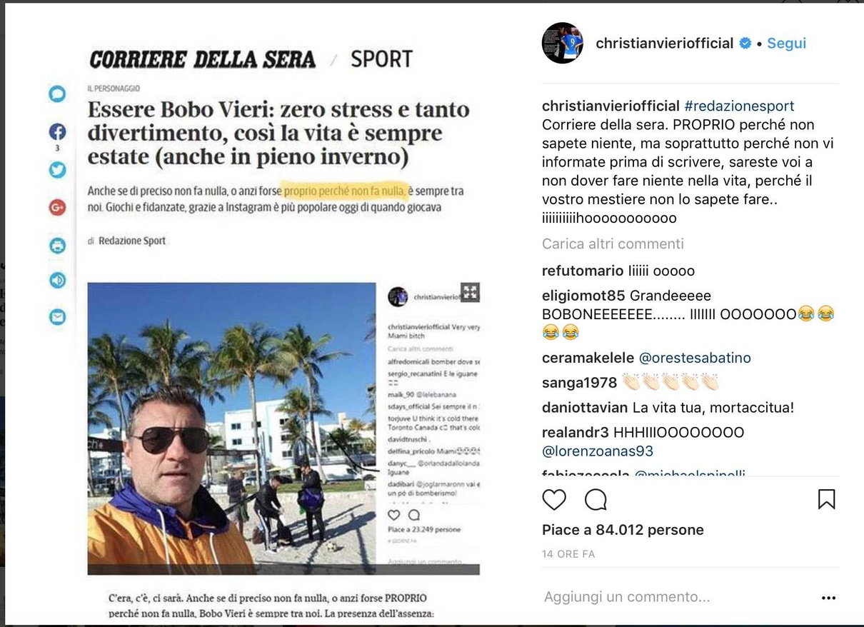 Bobo Vieri attacca il Corriere della Sera che lo aveva definito fannullone: «Non sapete fare il vostro mestiere» article-post