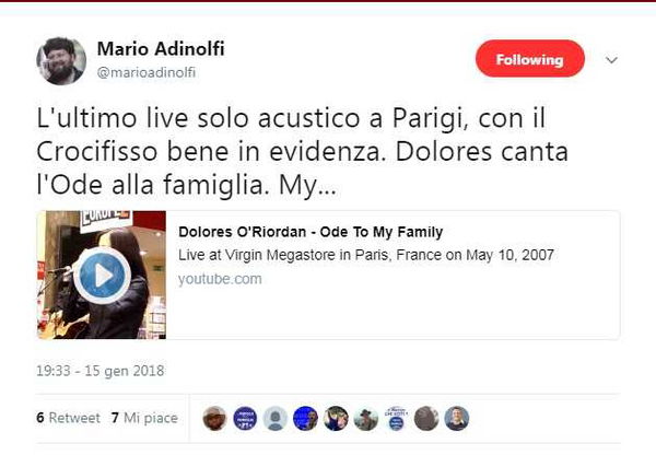 Adinolfi e il tweet su Dolores O’Riordan per la canzone “Ode to my family”