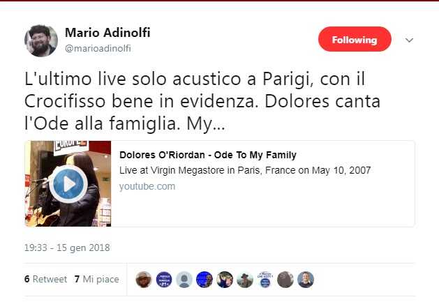 Adinolfi e il tweet su Dolores O’Riordan per la canzone “Ode to my family” article-post