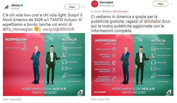 Alitalia sfotte Norwegian su Twitter. E alla fine fa pubblicità anche ai rivali
