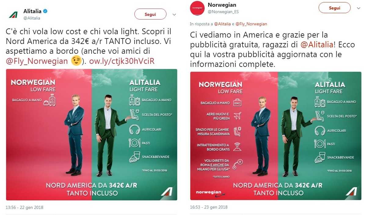 Alitalia sfotte Norwegian su Twitter. E alla fine fa pubblicità anche ai rivali article-post