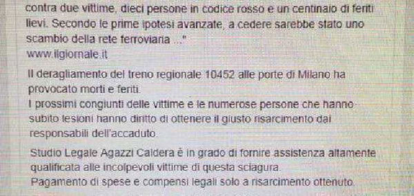 Pioltello, l’annuncio dello studio legale su Fb: «Diamo assistenza alle vittime». Polemiche