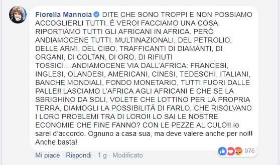 «Aiutiamo gli africani a casa loro», lo sfogo e la provocazione di Fiorella Mannoia su Fb