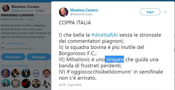 Massimo Corsaro attacca lo «zingaro» Sinisa Mihajlovic dopo Juve-Torino
