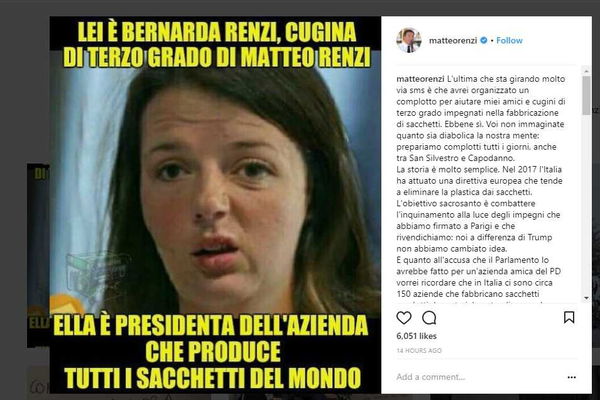 Matteo Renzi pubblica un meme di satira invece di una bufala sui sacchetti di plastica