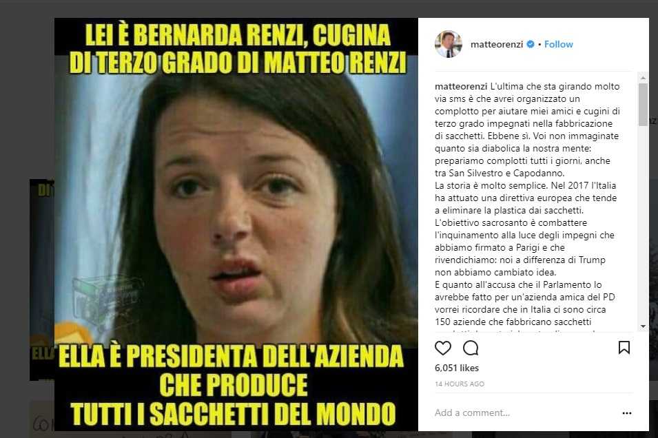 Matteo Renzi pubblica un meme di satira invece di una bufala sui sacchetti di plastica article-post