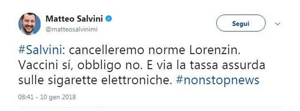 La promessa di Salvini: Niente obbligo sui vaccini, cancelleremo la legge Lorenzin