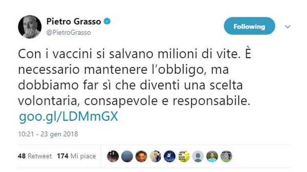 Pietro Grasso e l’insensato tweet sull’obbligo volontario di vaccinazione