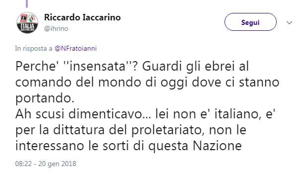 Riccardo Iaccarino di Forza Nuova ritiene sensato lo sterminio degli ebrei article-post