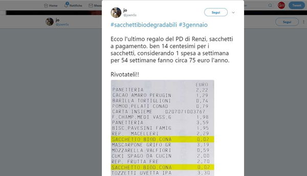 Sacchetti biodegradibili, l’errore di calcolo di un account vicino al M5S sul costo da 75 euro l’anno