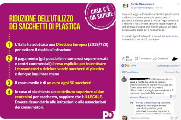 La bufala sui sacchetti di frutta a pagamento voluti dall’Europa diffusa dal Partito Democratico