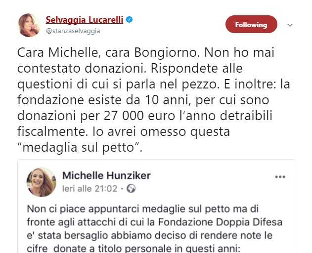 Selvaggia Lucarelli contro Michelle Hunziker: «Donare 200 mila euro in dieci anni, fiscalmente detraibili, a Doppia Difesa non è una medaglia» article-post