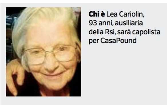 Lea Cariolin a 93 anni è capolista per CasaPound: faceva parte della criminale X MAS