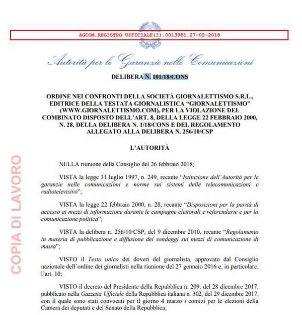 Comunicazione Agcom in riferimento alla violazione art. 8, comma 1, della Legge n. 28/2000