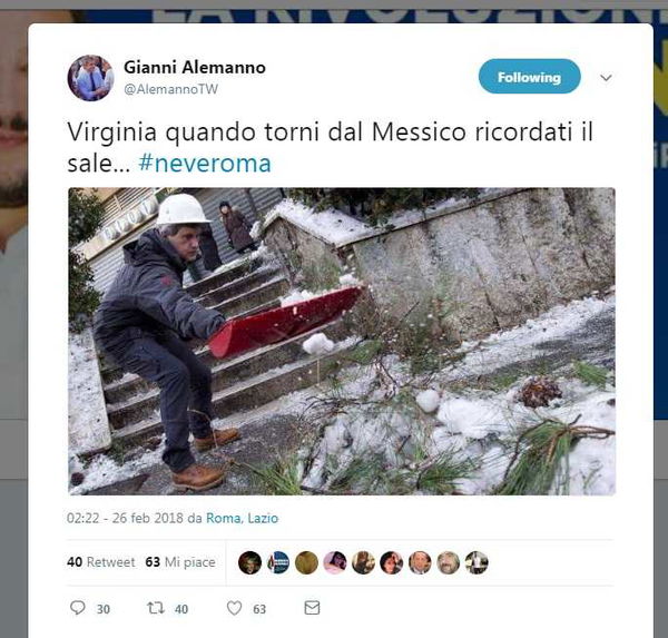 Gianni Alemanno e il tweet sulla neve per Virginia Raggi che non finisce benissimo