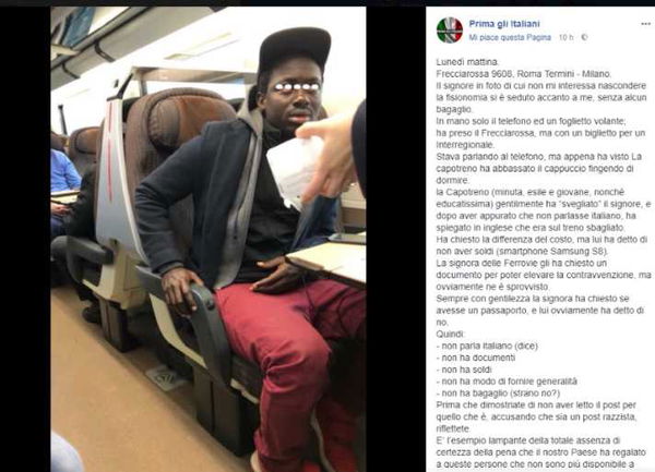 La bufala del ragazzo di colore senza biglietto sul Frecciarossa 9608 cancellata dall’autore e dalla pagina fascista