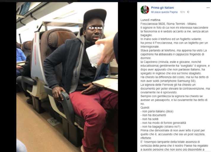 La bufala del ragazzo di colore senza biglietto sul Frecciarossa 9608 cancellata dall’autore e dalla pagina fascista article-post