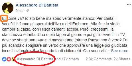 Alessandro Di Battista mette un like al suo post su Facebook, che inizia con un errore grammaticale article-post