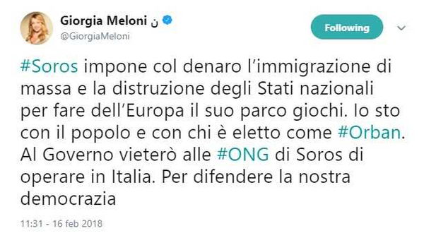 Giorgia Meloni vuole vietare le Ong di George Soros, inseguendo bufale complottiste