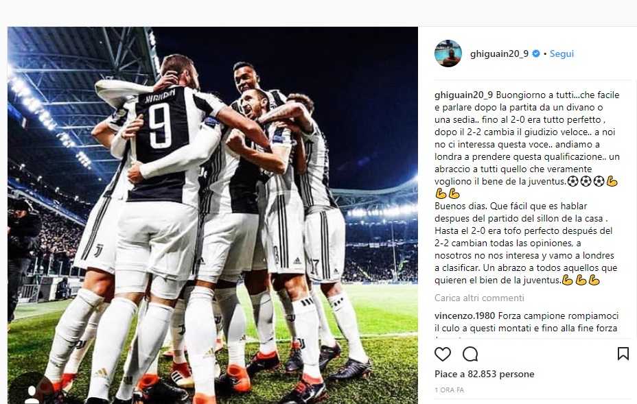 Gonzalo Higuain si sfoga su Instagram dopo il 2-2 tra Juventus e Tottenham: «Facile parlare dal divano o dalla sedia» article-post