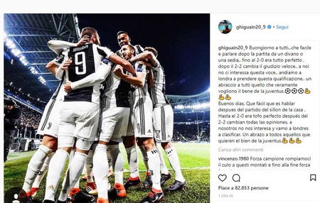 Gonzalo Higuain si sfoga su Instagram dopo il 2-2 tra Juventus e Tottenham: «Facile parlare dal divano o dalla sedia» article-post