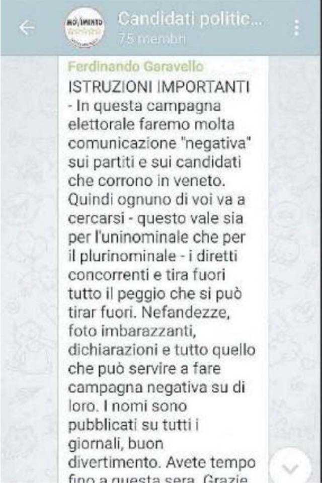 Il messaggio ai candidati M5S in Veneto per gettare fango in campagna elettorale article-post