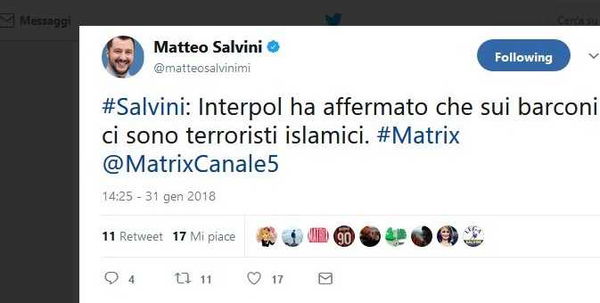 Matteo Salvini diffonde la bufala dei terroristi ISIS che arrivano sui barconi dei migranti