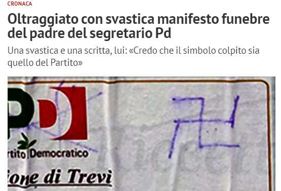 Trevi (Perugia), spunta una svastica sul manifesto funebre del padre di un esponente Pd
