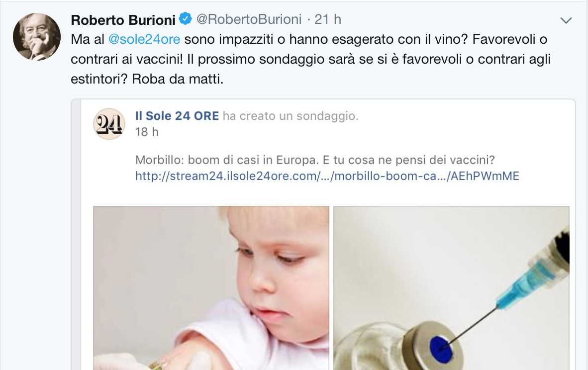 Roberto Burioni si chiede se il Sole 24 Ore abbia esagerato con il vino per un sondaggio sui vaccini article-post