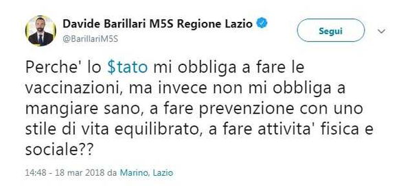 L’inutile quesito di Barillari (M5S): «Perché lo Stato obbliga a fare i vaccini ma non attività fisica?»