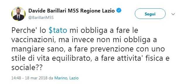 L’inutile quesito di Barillari (M5S): «Perché lo Stato obbliga a fare i vaccini ma non attività fisica?» article-post