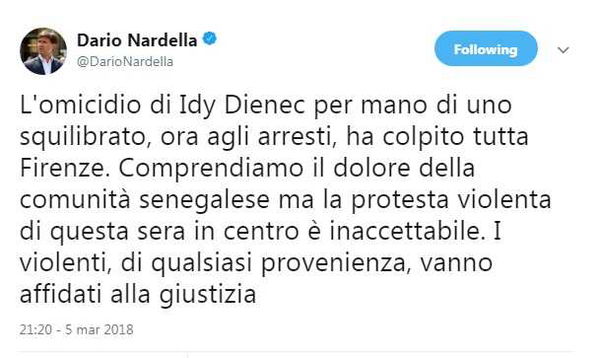 Il tragico tweeet di Dario Nardella sull’omicidio di Idy Diene