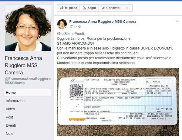 Francesca Anna Ruggiero, la deputata M5S che confonde la tariffa e la classe del Frecciargento