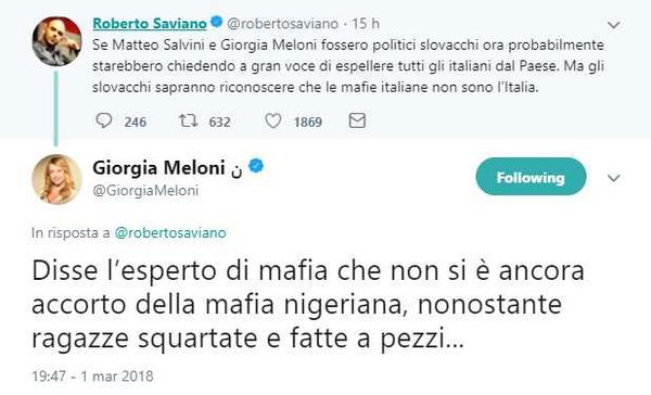 Giorgia Meloni critica Saviano con una bufala su mafia nigeriana e Pamela Mastropietro